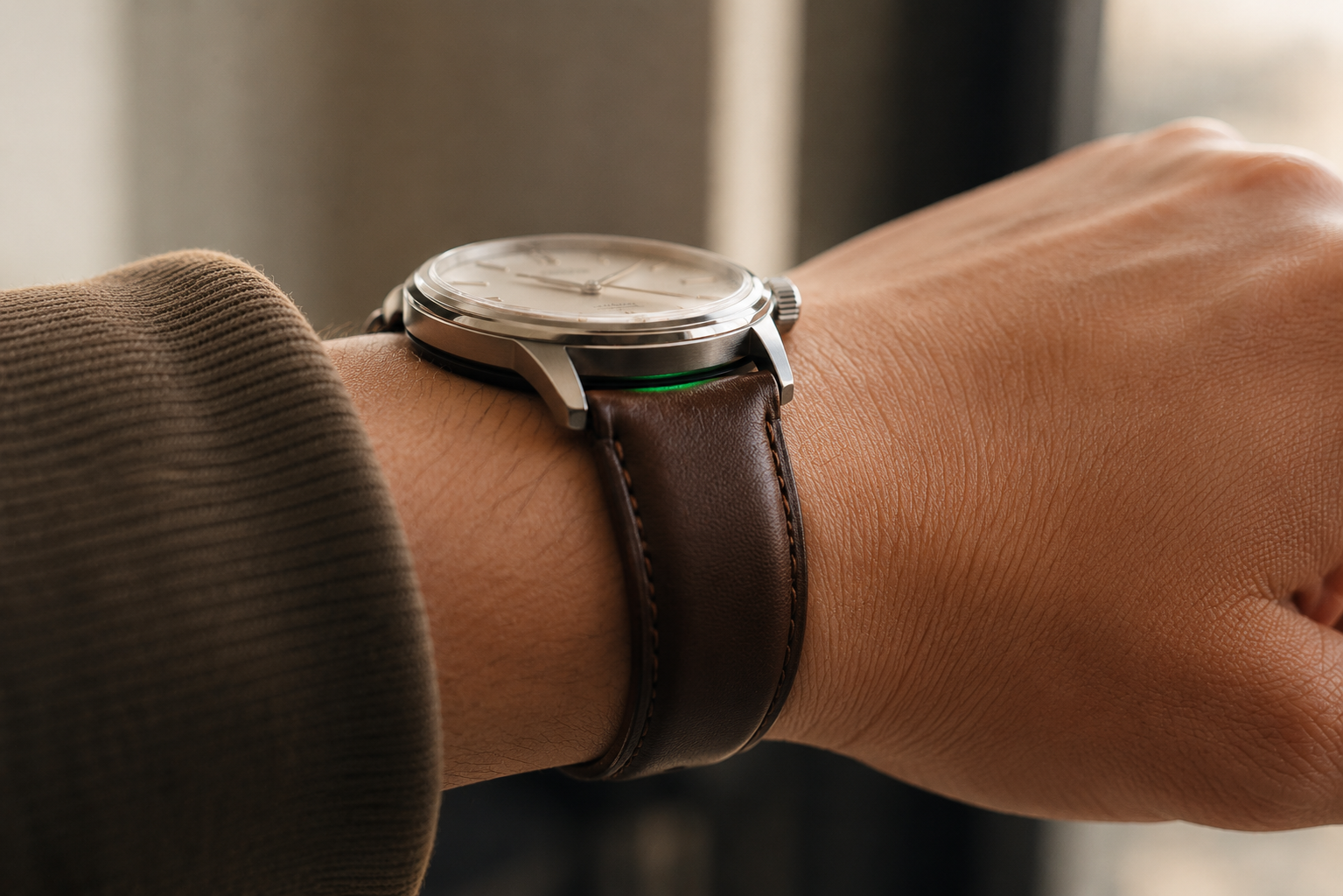 A wrist wearing an analog watch, the green sensor glow just visible beneath the caseback