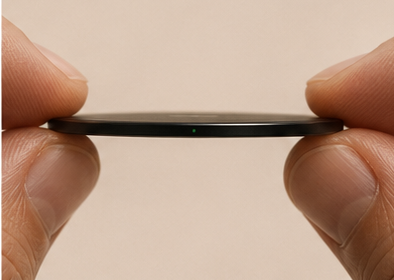 The Vena sensor held between two fingers, 1.6mm thin
